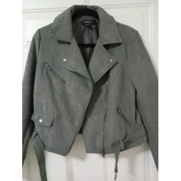 Forever 21 Olive Green Faux Suede Moto Jacket With Zipper Pockets & Belt Size L - Picture 3 of 12